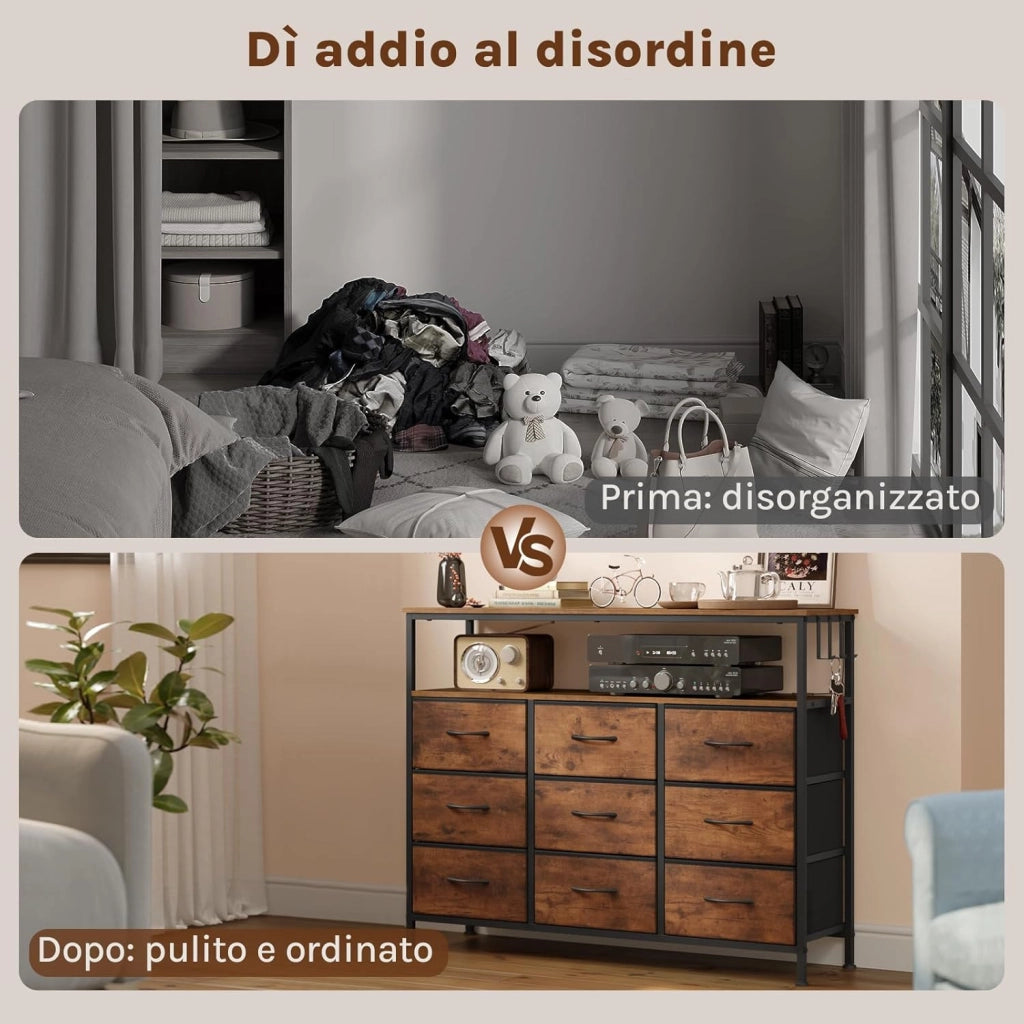 Comò 9 Cassetti, Mobile Contenitore con Multipresa e Illuminazione LED, Cassetti in Tessuto, 3 Ganci Laterali, Struttura in Metallo, 110x30x83,5 cm, Marrone Rustico + Nero
