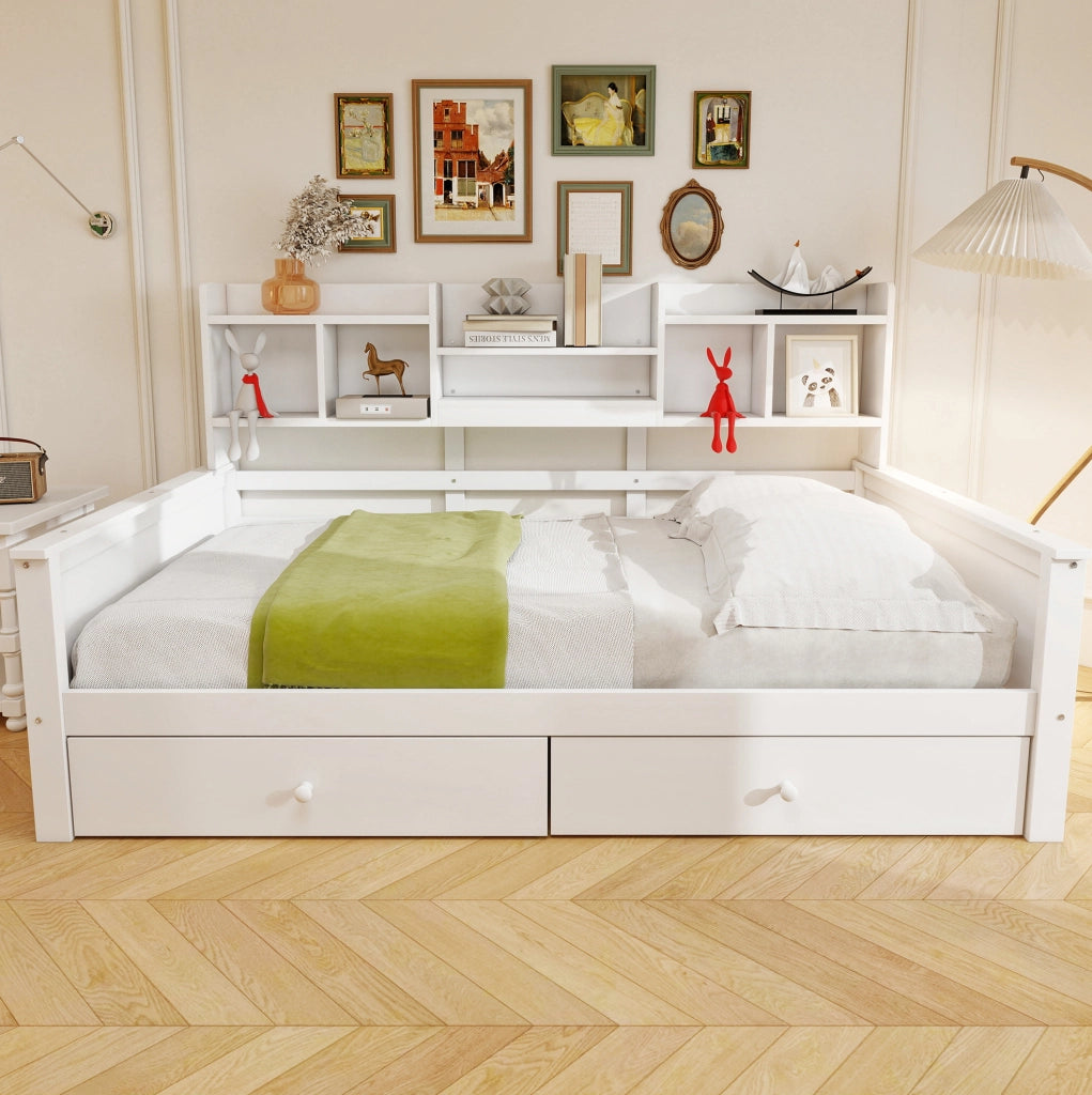 Letto singolo 90x200 cm con cassetti; ripiani laterali e rete a doghe; bianco