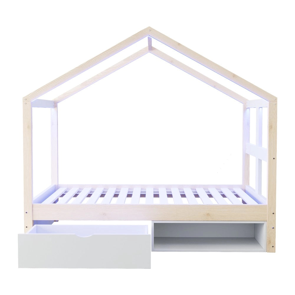 Letto singolo con cassetti e armadietto scarpe - Zephmum- 90x190 cm, LED multicolore, colore legno