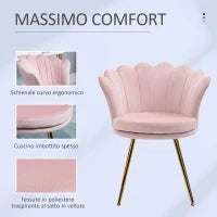 Poltrona da Salotto a Conchiglia Stile Vintage in Velluto con Gambe Dorate Rosa