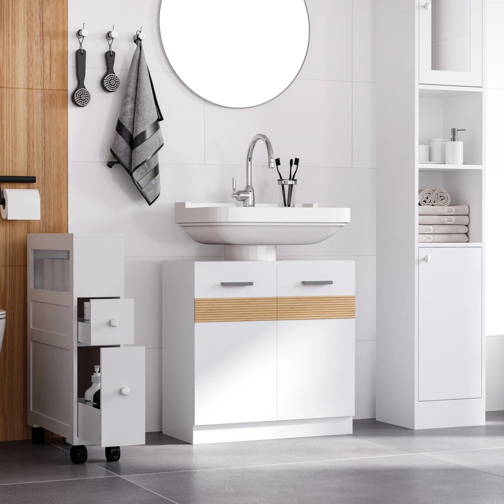 Mobile Sotto Lavabo Bagno con Ante in MDF e Bamb¨´ ¨C zephmum ¨C 60x30x60.5cm Bianco e Legno