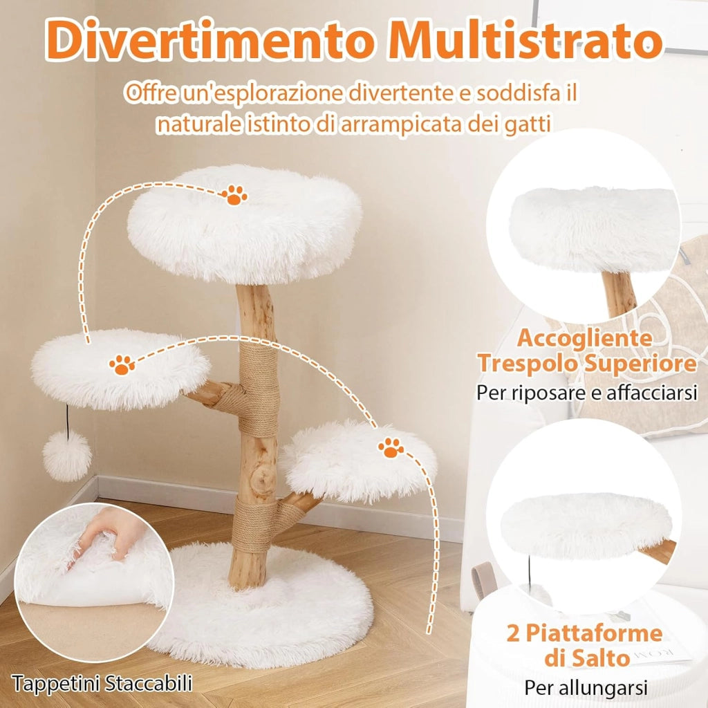 Albero per Gatti 90 cm, Torre per Gatti in Legno con Piattaforma in Tessuto in Pile Lungo, Tiragraffi in Juta e Pallina Pendente, Cuccia per Animali Domestici (Bianco)
