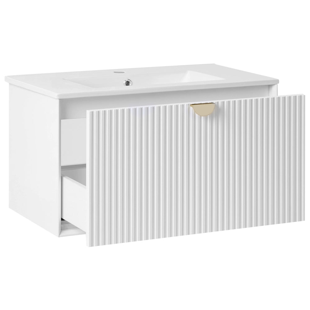 Mobiletto da parete con lavabo in legno massiccio per bagno 80 cm bianco stile moderno