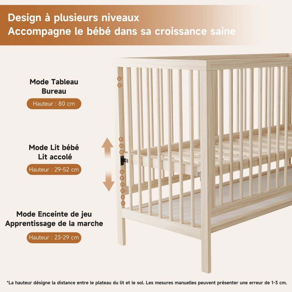 Letto per bambini 140 × 60 cm convertibile in letto laterale e scrivania, senza materasso, legno massiccio naturale