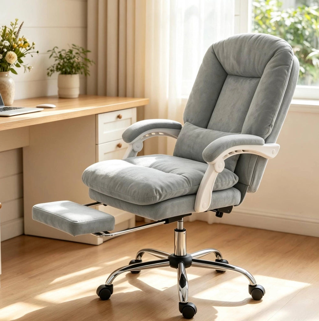 Sedia da ufficio ergonomica in velluto grigio con poggiapiedi