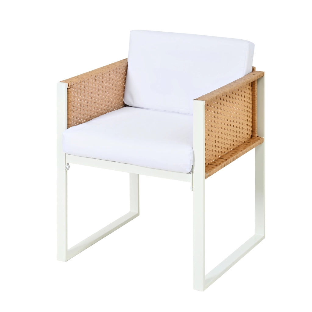 Set da pranzo per esterni con tavolo in vetro temperato e 6 sedie in rattan marrone e bianco