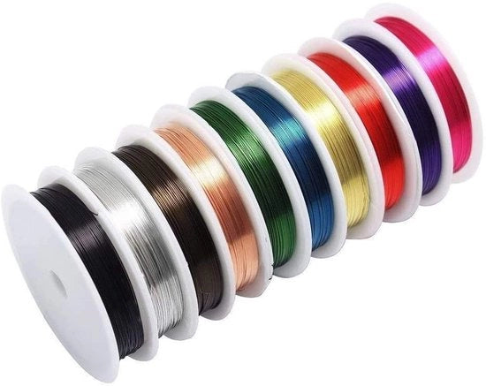 Cavo di rame 10 rotoli - Rame morbido - 0,3 mm spessore - 10 diverse colori metallici - Duraturo - Ideale per la creazione di gioielli - Filo per gioielli