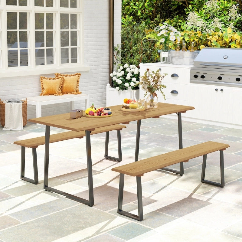 Tavolo da pranzo per esterni con 2 panche e foro ombrellone, in legno e acciaio, per giardino, 178 × 76 × 77 cm