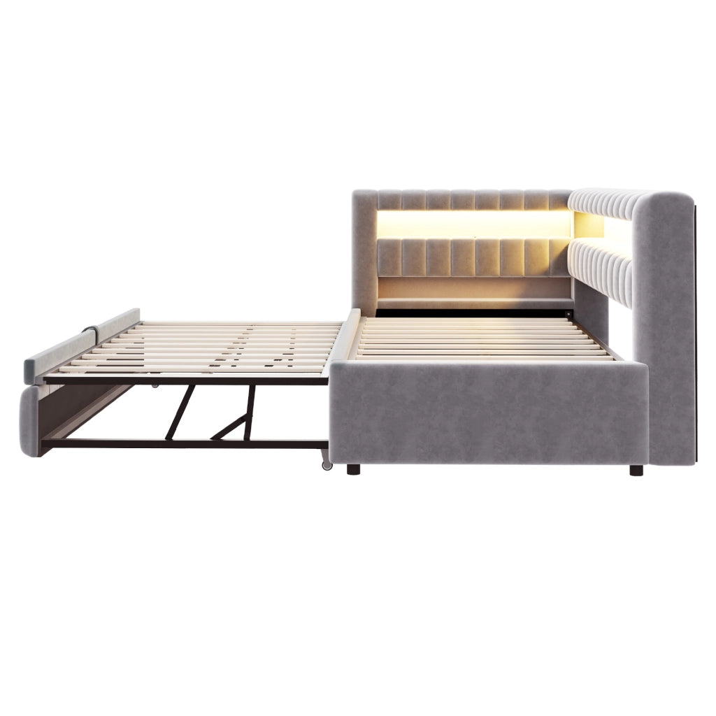 Divano letto imbottito estraibile 90x200 cm con LED; porte USB e Type-C; velluto grigio chiaro