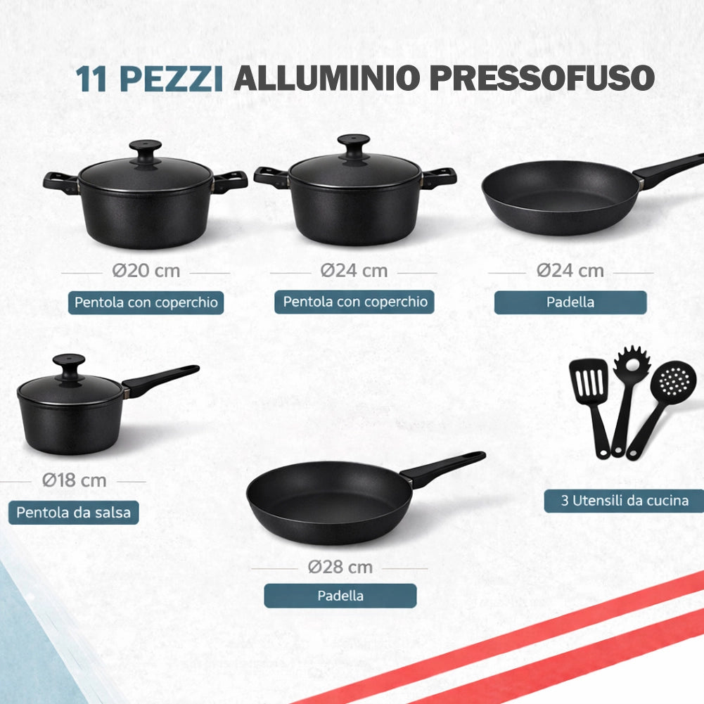 Batteria di Pentole Serena Nera 11 Pezzi in Alluminio Pressofuso con 3 Mestoli
