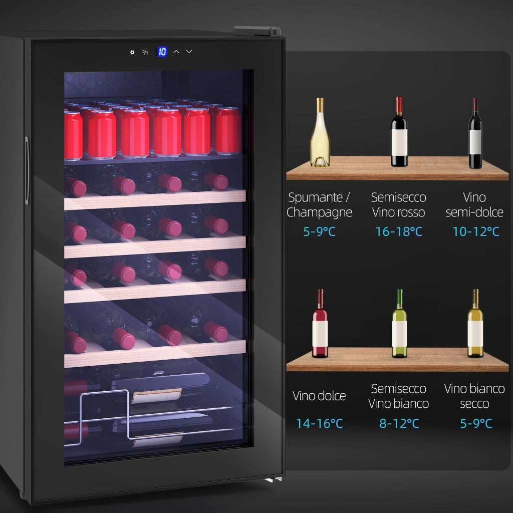 Cantinetta Frigorifero per Vino da 63L con Ripiani Regolabili per 16 Bottiglie e 25 Lattine 43x45x74 cm Nero