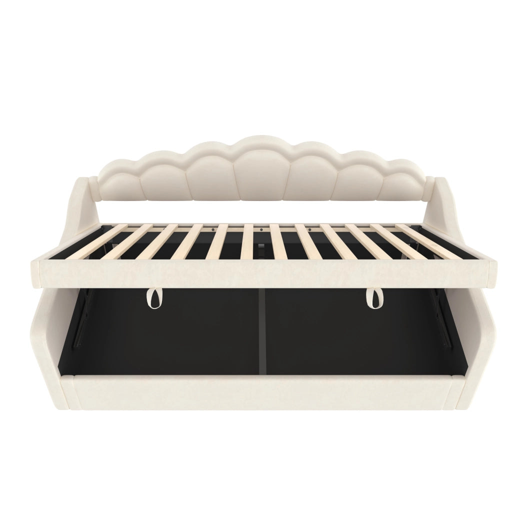 Letto a divano con contenitore 90x200 cm in velluto beige; con LED e sollevamento idraulico