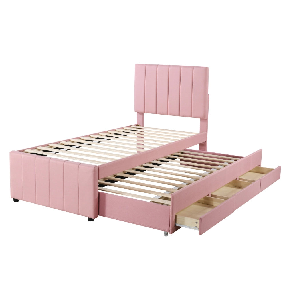 Letto imbottito singolo 90x200 cm con letto estraibile e 3 cassetti; rosa