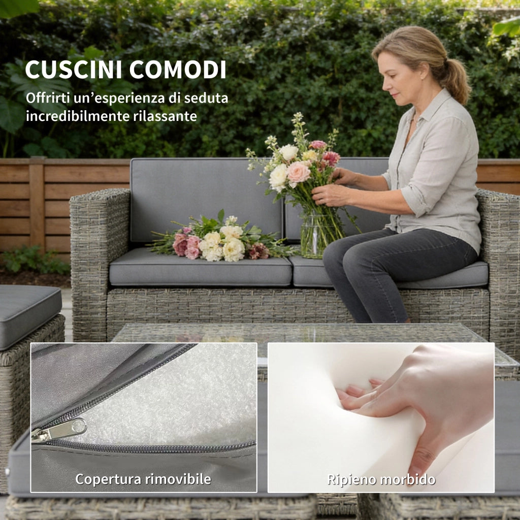 Set Giardino 6 Pezzi con Divano, Sedie, Tavolino e Pouf ¨C Zephmum ¨C Grigio Scuro, Polyrattan, Vetro
