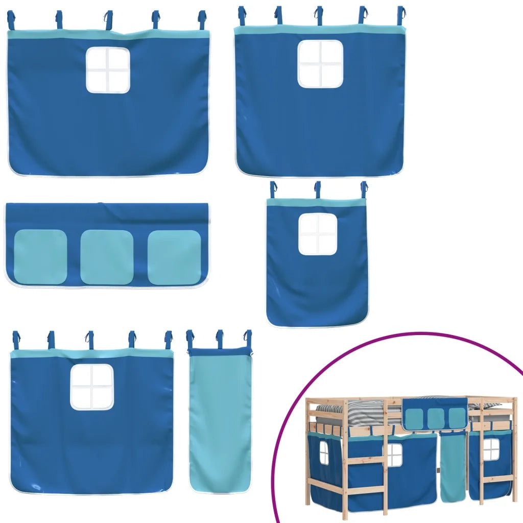 Letto a Soppalco Bambini | Letto Infantile | Lettino con Tende Blu 90x190 cm Massello Pino