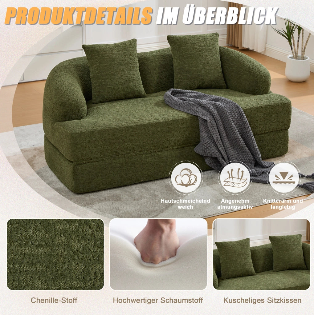 Divano letto 2 posti pieghevole in ciniglia verde; 157x84x65 cm; senza montaggio