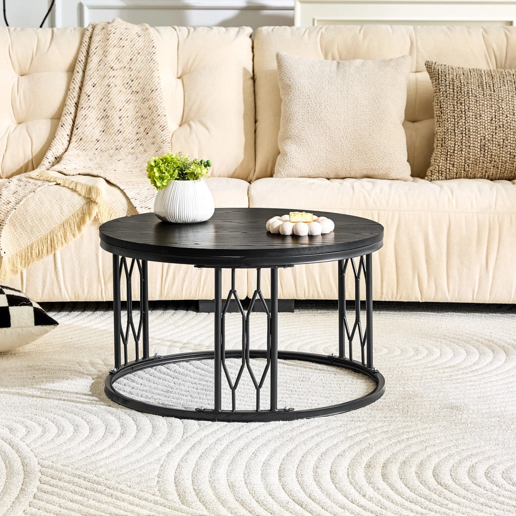 Tavolino basso rotondo in MDF con piano effetto legno e struttura in metallo per soggiorno nero Ø 70 × 40,5 cm