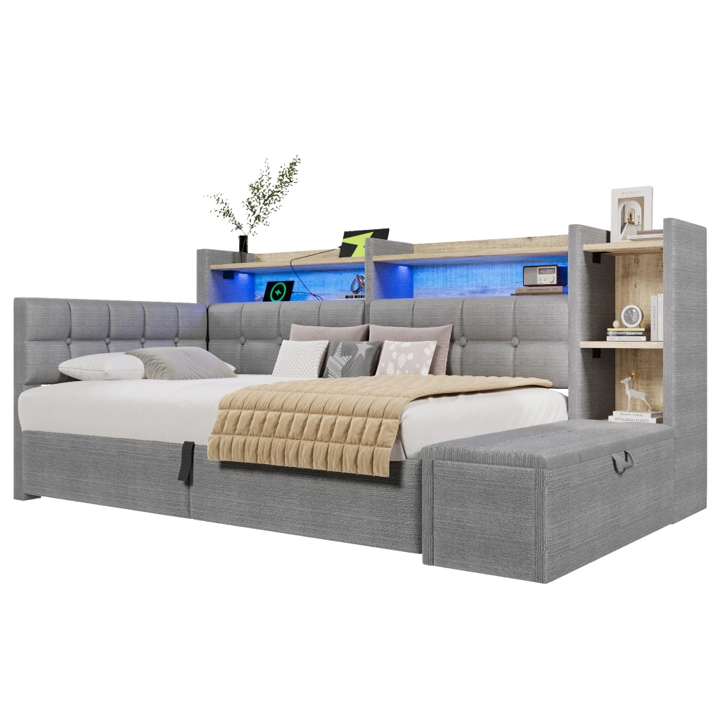Letto da giorno 90x200 cm in velluto con accumulo idraulico LED e USB-C - Grey