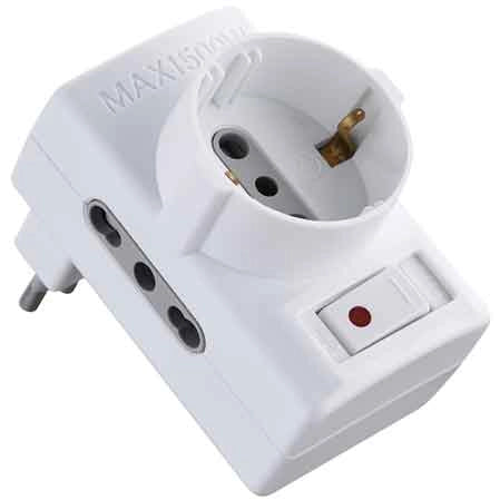 ADATTATORE TRIPLO C/INTERRUTTORE SOVRACCARICO 16A 2P+T - presa 10/16A 2P+T - Col. Bianco - ELECTRALINE