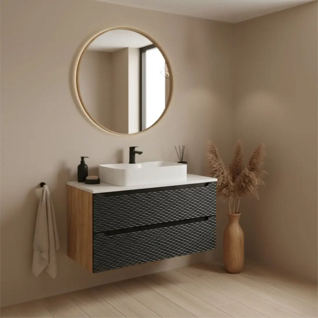 Mobile sottolavabo YOKA – 2 cassetti – Rovere chiaro e nero – L120 × P46 × H57 cm – Da appendere