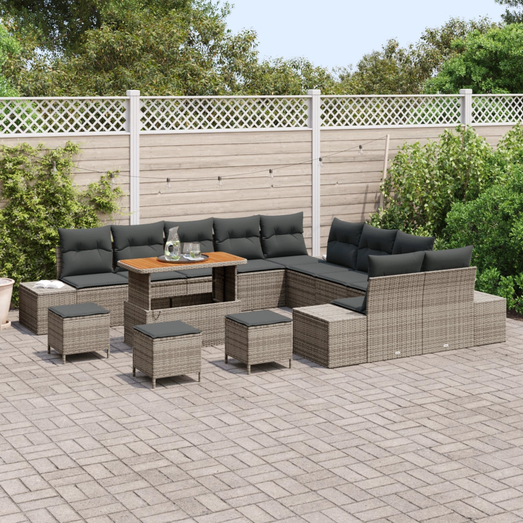 Set Divano da Giardino  14 Pezzi con Cuscini Grigio Polyrattan Acacia