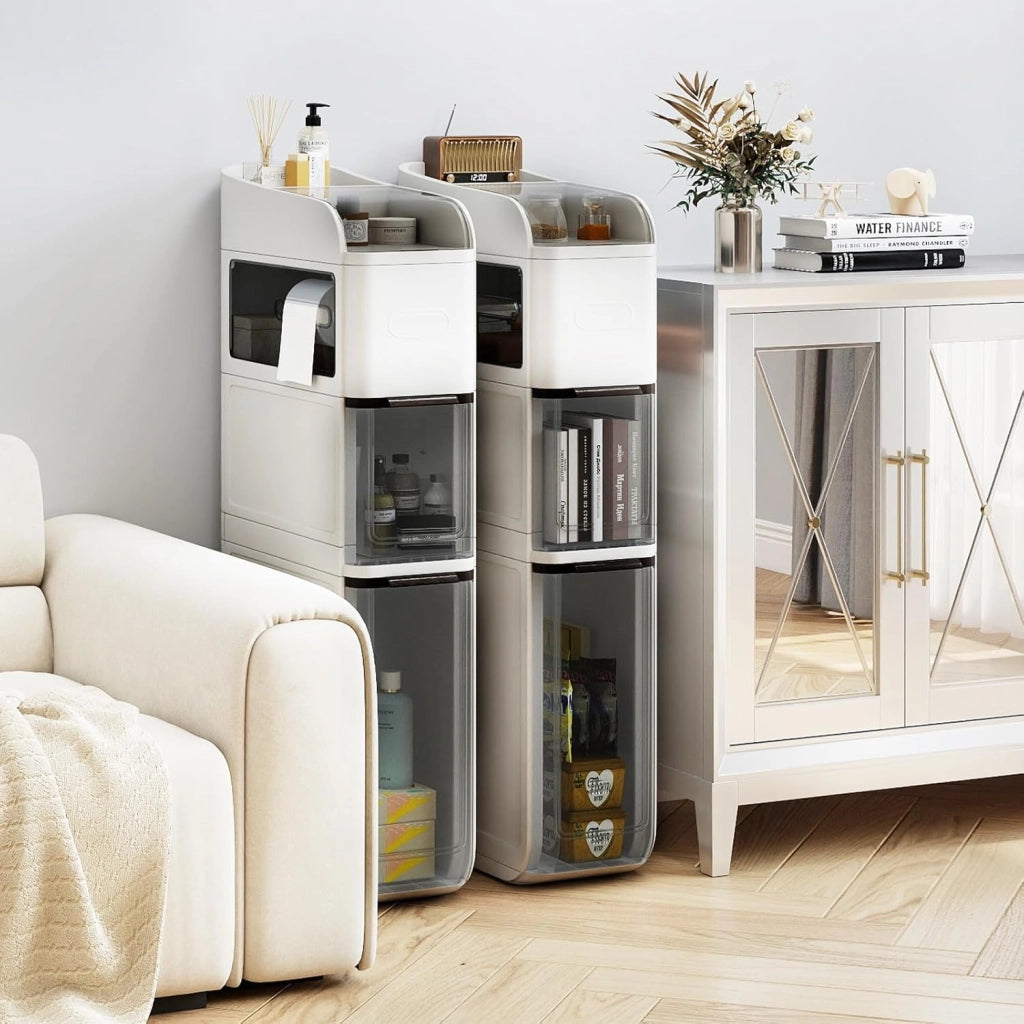 Armadio a 4 livelli, armadio bagno con ruote, cassetti trasparenti, doppie uscite per fazzoletti, cucina, soggiorno, lavanderia, 43 x 18 x 88 cm (Bianco Crema)