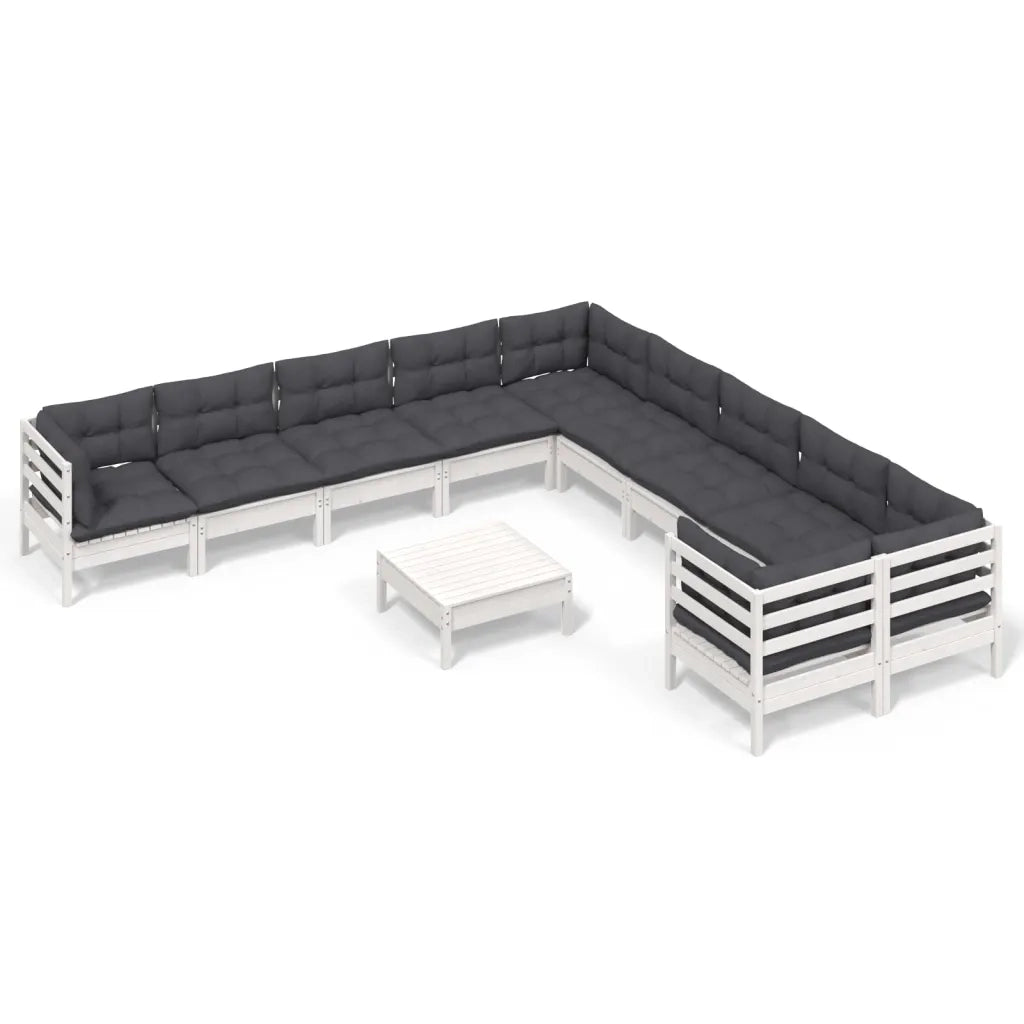 Set Divani da Giardino 11 pz con Cuscini Bianchi Legno di Pino 3097014