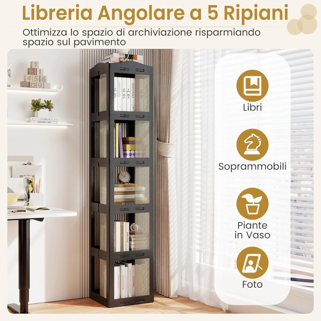 Libreria Girevole Pieghevole, Scaffale Traslucido Girevole a 360° con Base Rotante, Scaffale Alto Angolare da Esposizione per Soggiorno, Studio (Nero,5 Livelli)