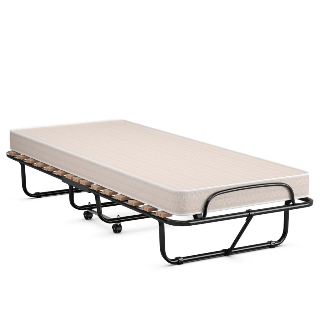 Letto pieghevole per gli ospiti 80 x 190 cm con comodo materasso in memory foam ed eleganti ruote direzionali in acciaio beige 20_0019228