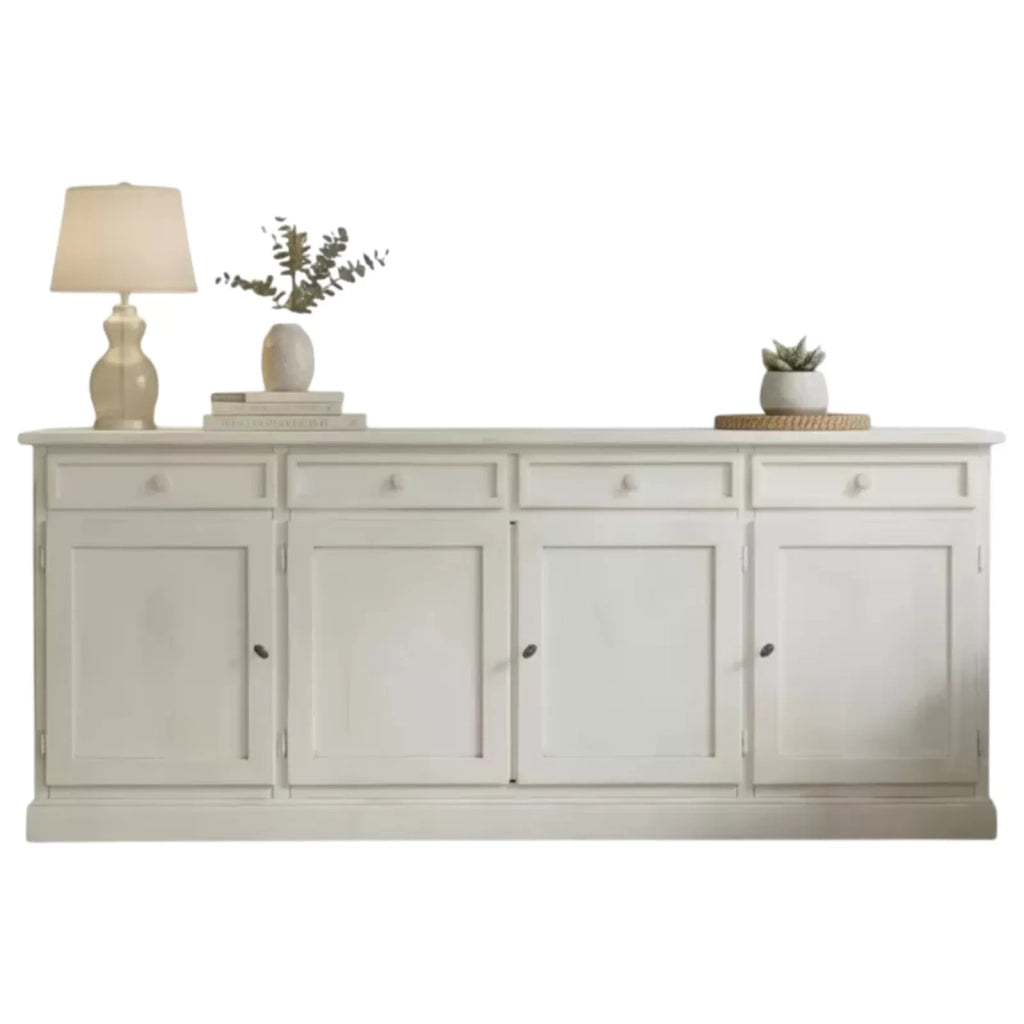 Madia credenza shabby chic in legno 4 porte bianco consumato l.205 p.42 h.85 - Mobili 2G