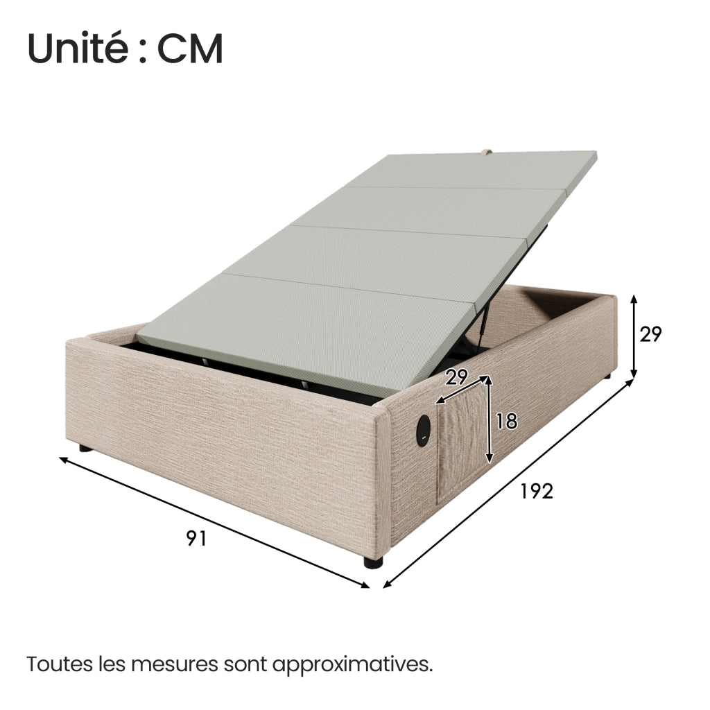 OKWISH Letto contenitore 90×190 cm, Letto Singolo con USB, Type C e contenitore con pistoni, senza Materasso, in Lino, Naturale
