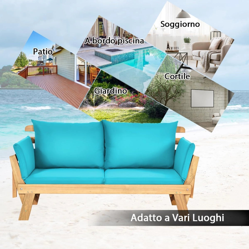 Divano Letto 2 Posti da Esterno in Legno di Acacia con Braccioli Regolabili, Sdraio da Giardino con Cuscini, Chaise longue Pieghevole per Giardino, Piscina, Cortile (Turchese)
