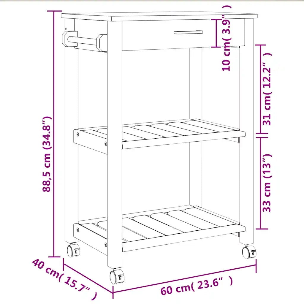 Carrello da Cucina MONZA 60x40x88,5 cm in Legno Massello di Pino 376091