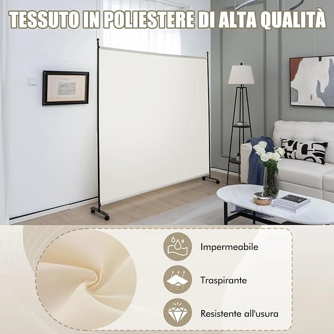 Separé Divisorio Singolo 184 x 184 CM, Paravento da Interno ed Esterno con Ruote Bloccabili, Pannello Divisorio per Ambienti Interni Portatile da Soggiorno Camera da Letto e Ufficio (Bianco)