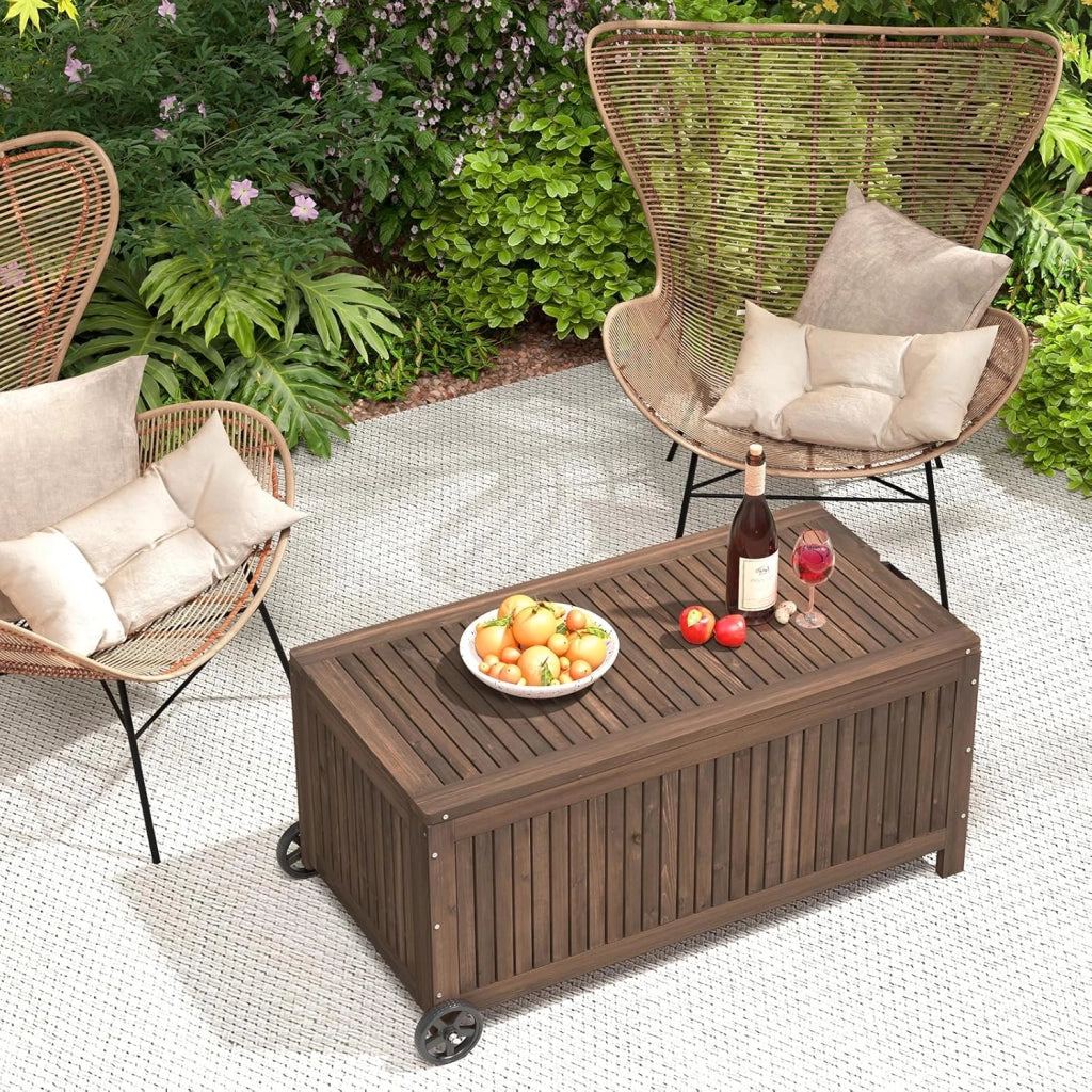 Baule da Giardino in Legno 213 L, Baule da Esterno con Ruote e Maniglie, Interna Resistente all'Acqua, Contenitore Salvaspazio da esterno armadio, 114 x 58,5 x 51 cm (Modello 4)