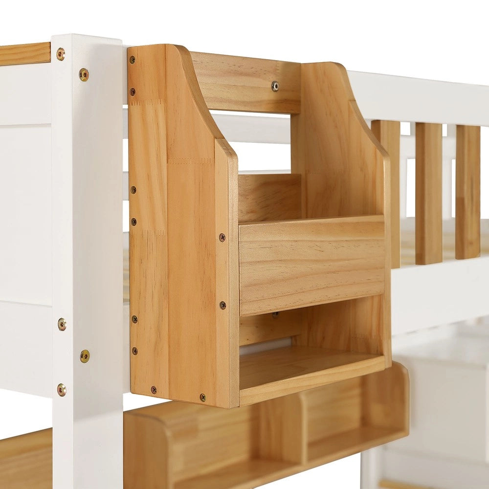 Letto a Castello con Cassetti e Ripiani ¨C MINIMAL ¨C Pino e MDF, Bianco/Naturale, 90x200