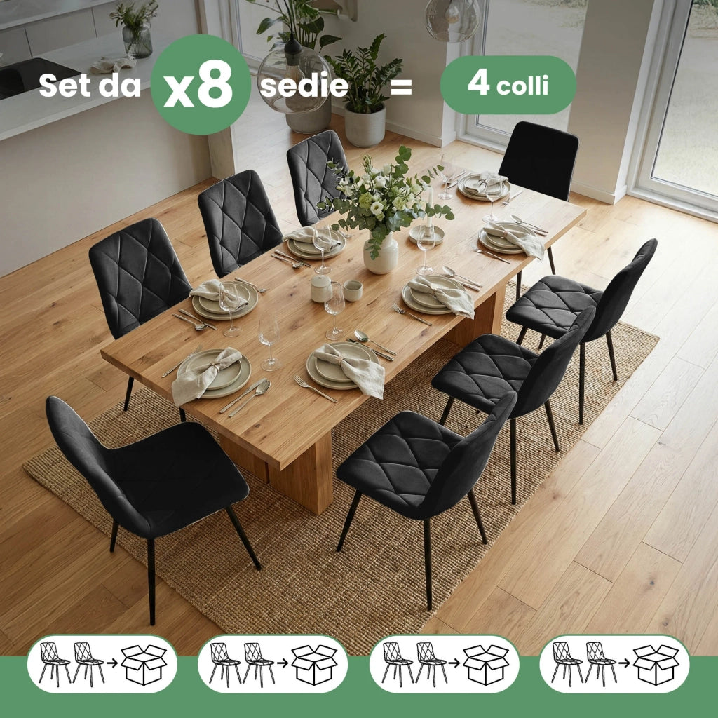 Set di 8 Sedie in velluto trapuntate MILO Nero gambe nere