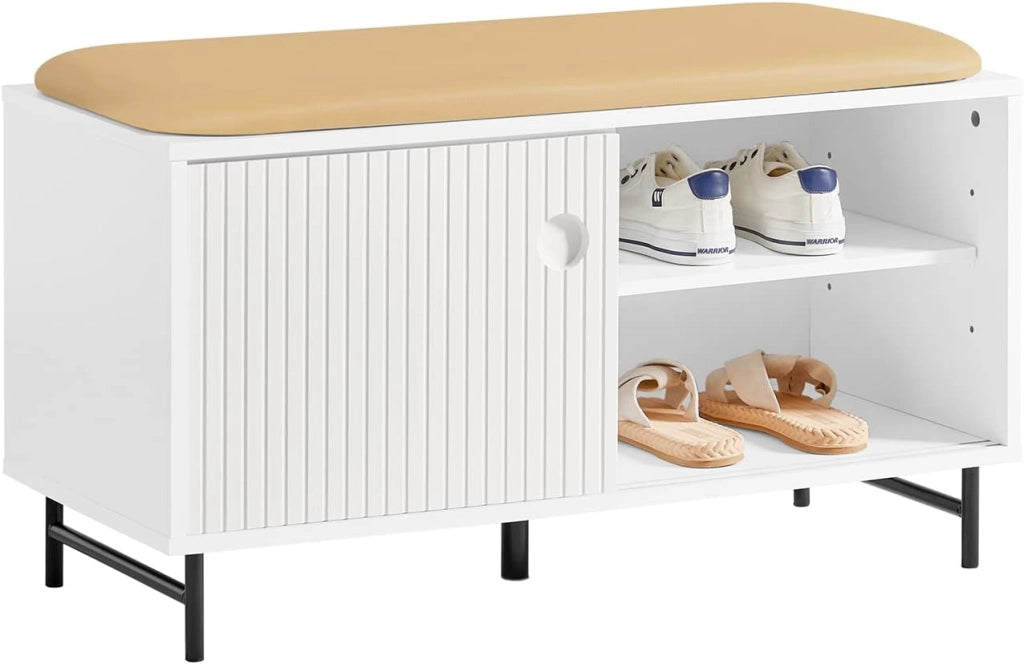 Mobile Ingresso Credenza Soggiorno Salvaspazio con Anta Scorrevole, Mobile da Cucina, Mobiletto Moderno in Legno con Gambe in Bambù, Design Elegante e Stabile, Bianco, 70x37x87cm, FSB62-W