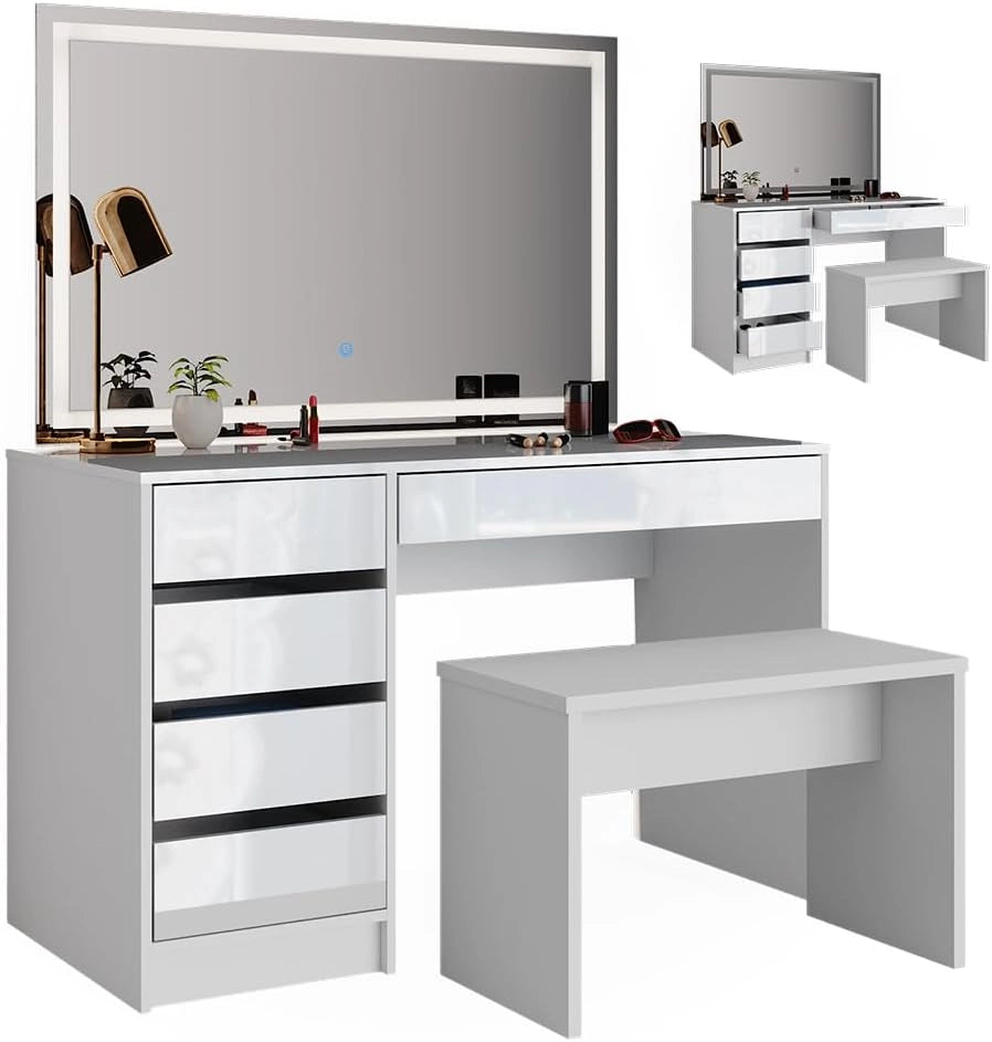 Tavolo da toeletta Sherry, Bianco, 120 cm con specchio a LED e panca, adatto per la cura quotidiana e per l’applicazione del trucco