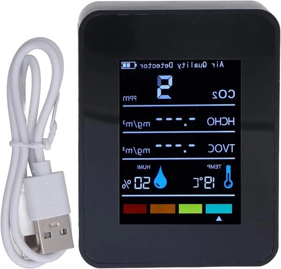 Misuratore di Qualità dell'Aria 5 in 1 - Detettore di CO2 Temperatura Umidità HCHO TVOC per Scuola Materna Ufficio Sala da Pranzo