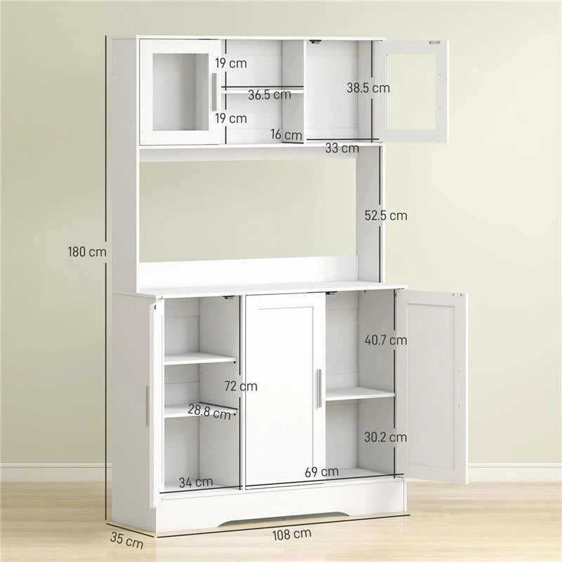 MOBILE DISPENSA CON 4 ARMADIETTI, 2 RIPIANI APERTI E PIANO DA LAVORO, IN LEGNO E VETRO, 108X35X180 CM, BIANCO