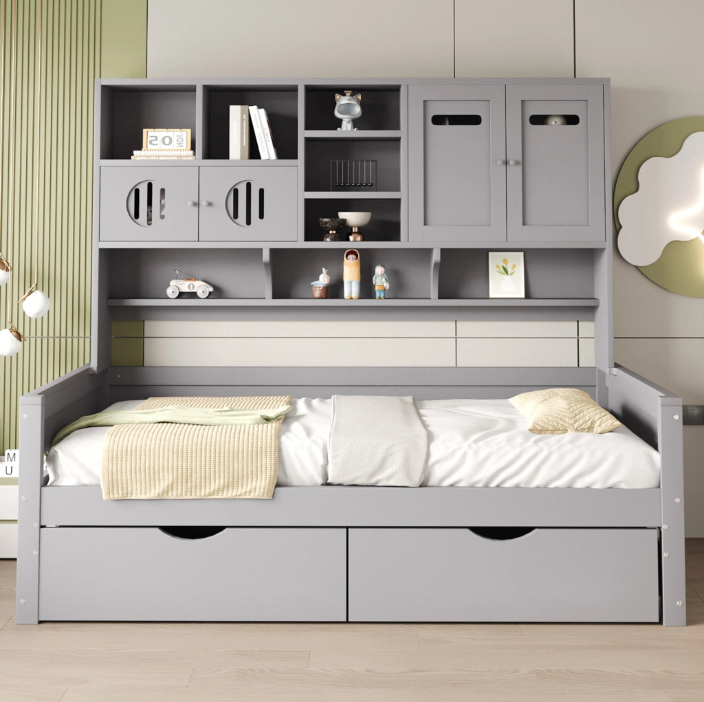 Letto 90x200 cm multifunzione con contenitore; cassetti; in legno grigio