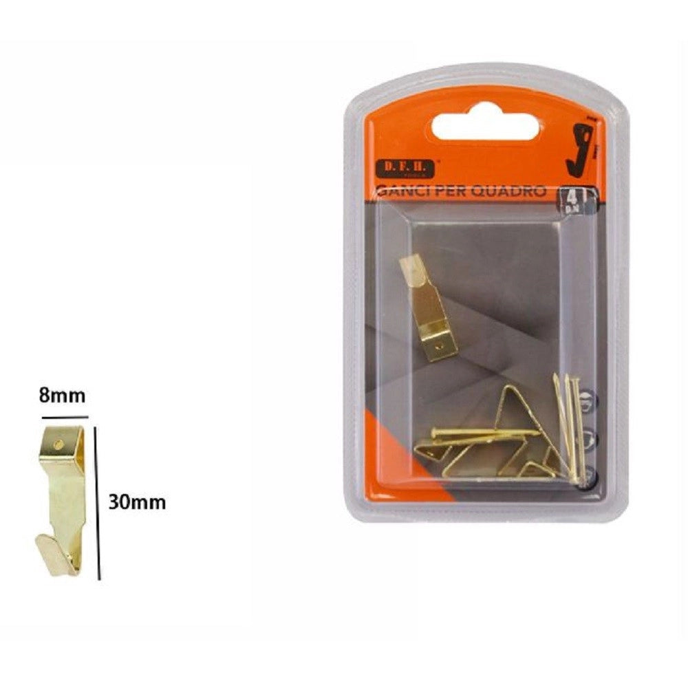Trade Shop - Set 4 Pezzi Ganci Dorati Per Quadri Quadro Cornici Appendere Parete 8x30mm 07527 -