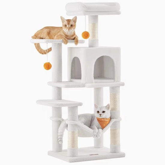Palo di Protezione per Gatti 112 cm – Casa per Gatti a Più Piani con 4 Palini di Protezione - 2 Pianerottoli - Lettino e Area di Gioco