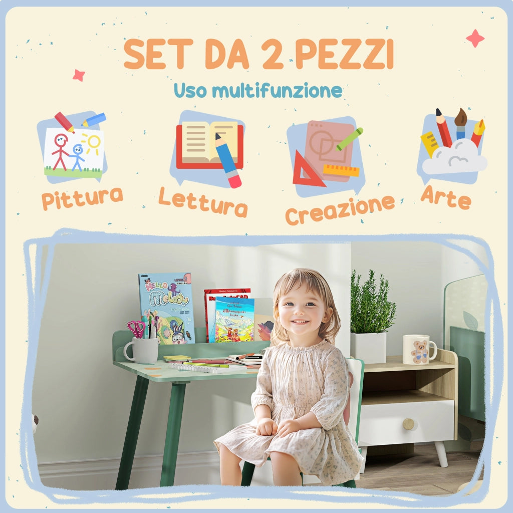 Set Sedia e Tavolino per Bambini con Ripiano ¨C Zephmum ¨C Verde, Legno di Pino
