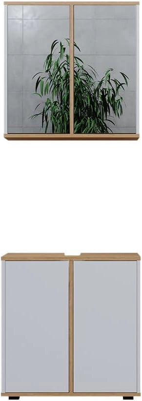 Set mobili bagno Didi, Bianco/Artisan, 60 cm, composto da set con armadietto a specchio, base lavabo, 2 pensili medi e colonna