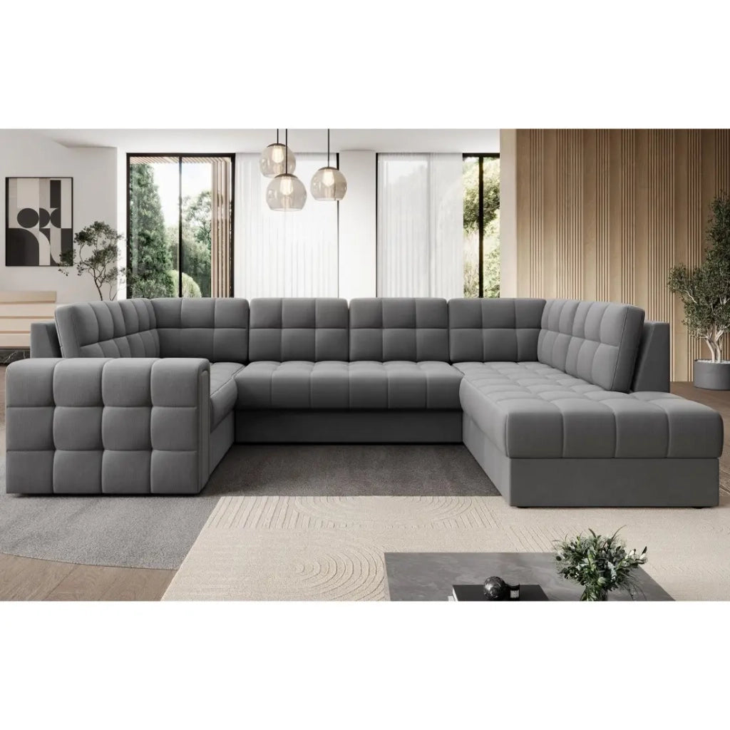 Divano angolare convertibile MONTEZA grigio 299 cm con contenitore e letto