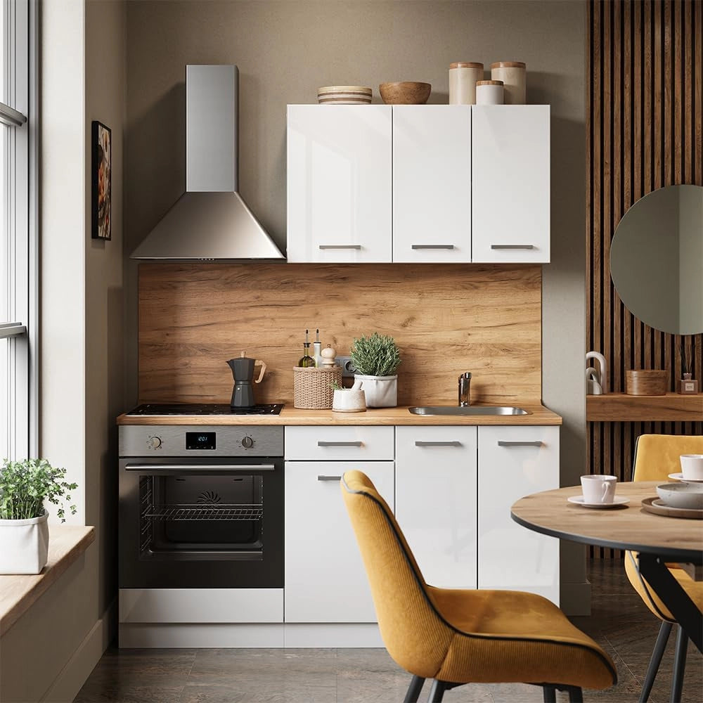 Cucina completa R-Line, Bianco lucido/bianco, 160 cm con base forno e lavello senza PT