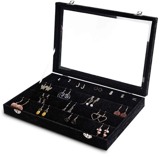 Organizzatore per Orecchini con Coperchio Transparente 64 Scomparti con Supporto in Velluto per Orecchini Display Case con Coperchio in Vetro per Accessori Donna Ragazza