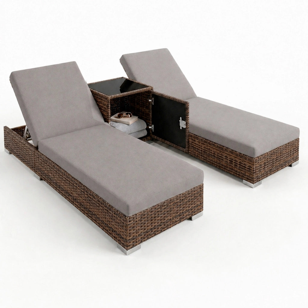 Set 2 Sdraio Prendisole in Polyrattan con Tavolino Contenitore e Cuscini Schienale Reclinabile 5 Posizioni Arredo Giardino Piscina 184x60x21 Cm Marrone Grigio